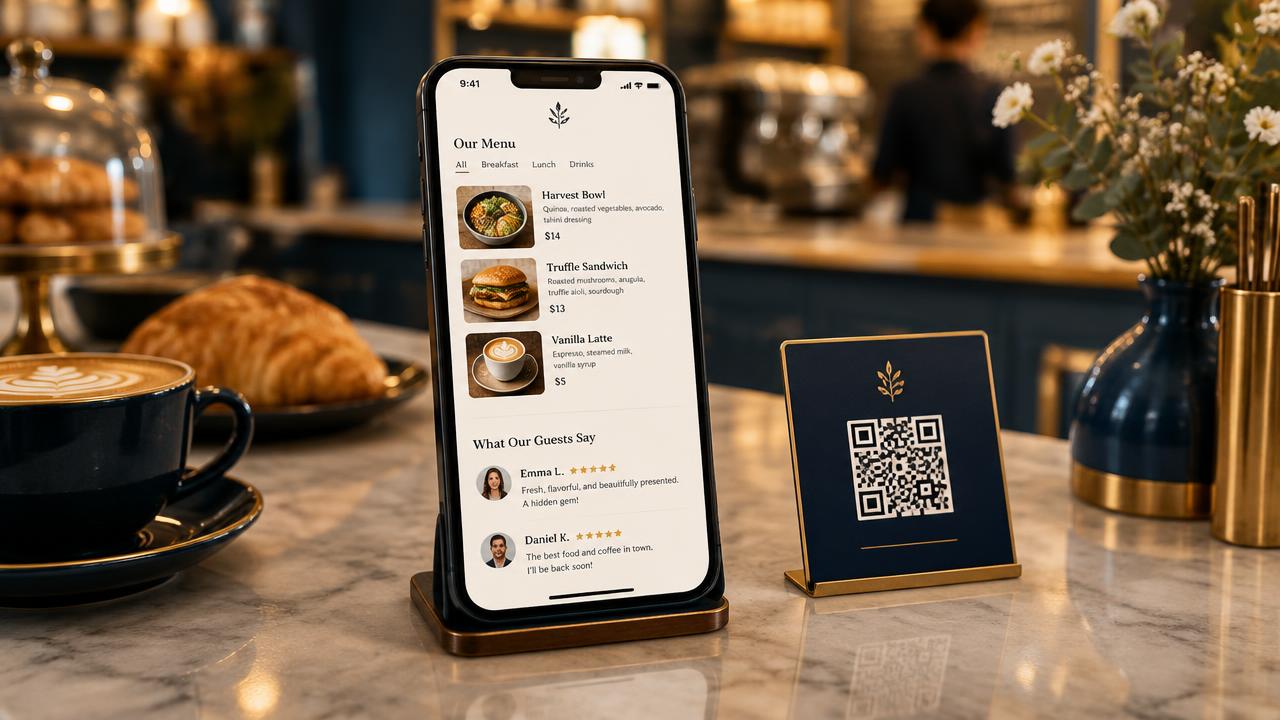 A phone on a cafe counter showing a OnePage menu with reviews, next to a table-top QR code card